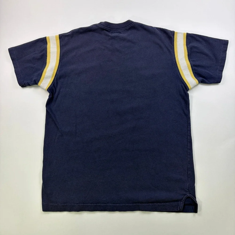 Y2K American Eagle Montauk Graphic T-Shirt Mens Medium Navy Blue Striped Sleeve